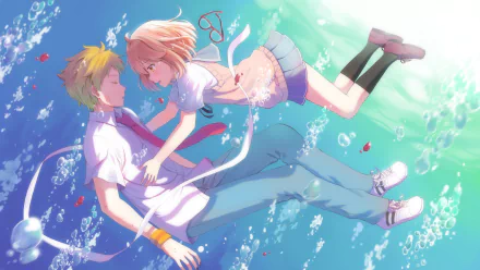HD wallpaper featuring Akihito Kanbara and Mirai Kuriyama from Beyond the Boundary anime, floating underwater, surrounded by bubbles and soft light.