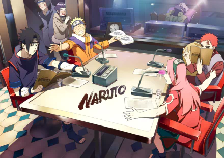 HD wallpaper featuring Naruto characters Kiba Inuzuka, Kakashi Hatake, Gaara, Sasuke Uchiha, Naruto Uzumaki, Sakura Haruno, and Hinata Hyuga gathered around a table with microphones.