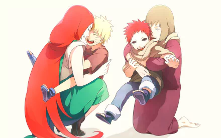 Anime HD wallpaper featuring Naruto characters: Kushina Uzumaki with Naruto Uzumaki, and Karura with Gaara. Both pairs share a heartfelt moment, creating a warm and nostalgic scene.