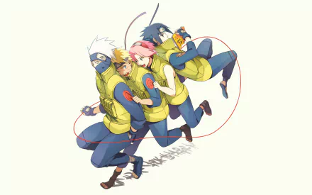 A dynamic HD anime wallpaper featuring Naruto Uzumaki, Sasuke Uchiha, Sakura Haruno, and Kakashi Hatake, showcasing their teamwork in vibrant colors and energetic poses.