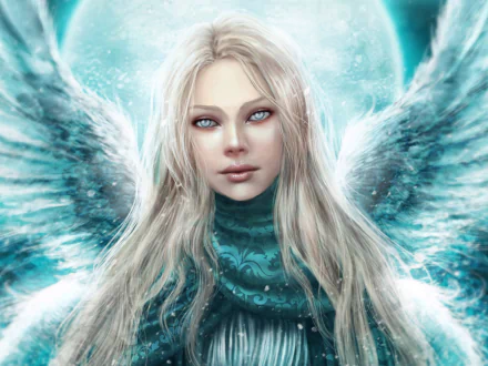 HD PC desktop wallpaper and background: fantasy angel — silver‑haired woman with glowing teal wings and ice‑blue eyes before a moonlit sky.