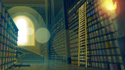 Pixel art HD desktop wallpaper depicting a dimly lit, expansive library with tall bookshelves, a ladder, and glowing light from an arched window.