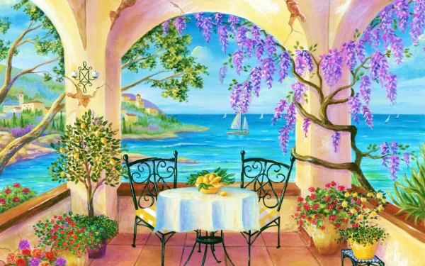 Artistic HD painting of a tropical ocean view from a porch with columns, vibrant flowers, and a sailboat in the distance, designed as a PC desktop wallpaper.