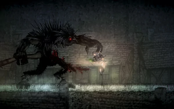 HD wallpaper from Salt and Sanctuary featuring a menacing creature attacking in a dark, grim environment, serving as a desktop background.