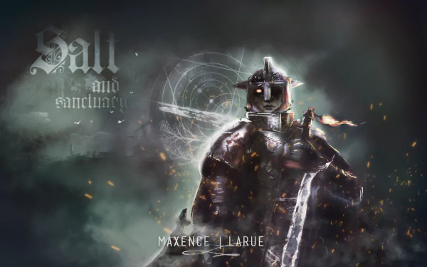 HD desktop wallpaper featuring an armored knight from the game Salt and Sanctuary, with a mystical backdrop and game title.