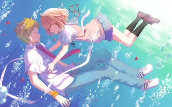 HD wallpaper featuring Akihito Kanbara and Mirai Kuriyama from Beyond the Boundary anime, floating underwater, surrounded by bubbles and soft light.
