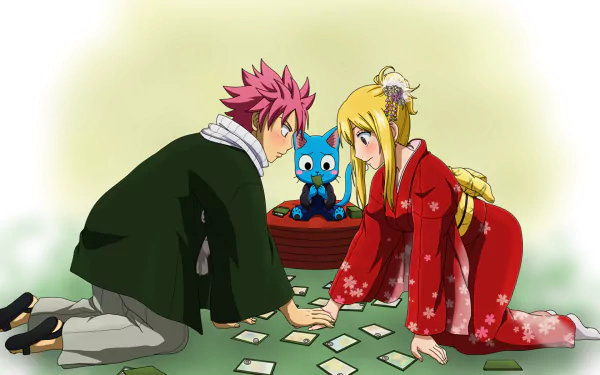 Natsu Dragneel and Lucy Heartfilia from Fairy Tail enjoy a cheerful moment together, joined by their companion Happy, all surrounded by scattered cards in this vibrant HD wallpaper.