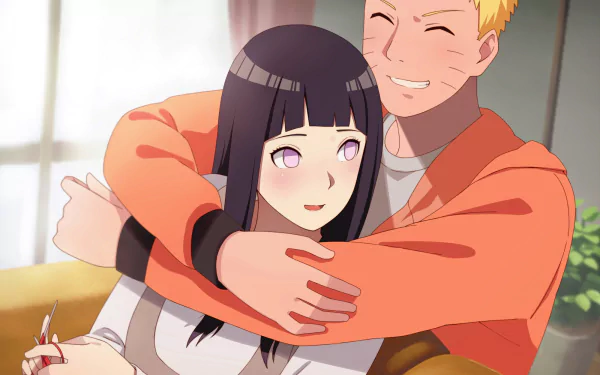 HD anime desktop wallpaper with Hinata Hyuga and Naruto Uzumaki from the series Naruto. Naruto embraces Hinata affectionately with a cheerful expression in a cozy indoor setting.