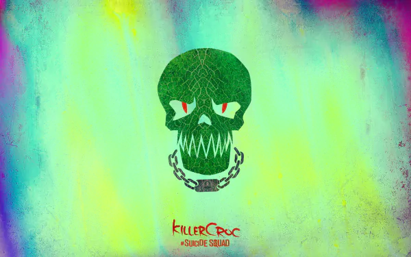 Vibrant HD wallpaper featuring Killer Croc from the Suicide Squad, showcasing a stylized green skull with red eyes and a chain, set against a colorful background.