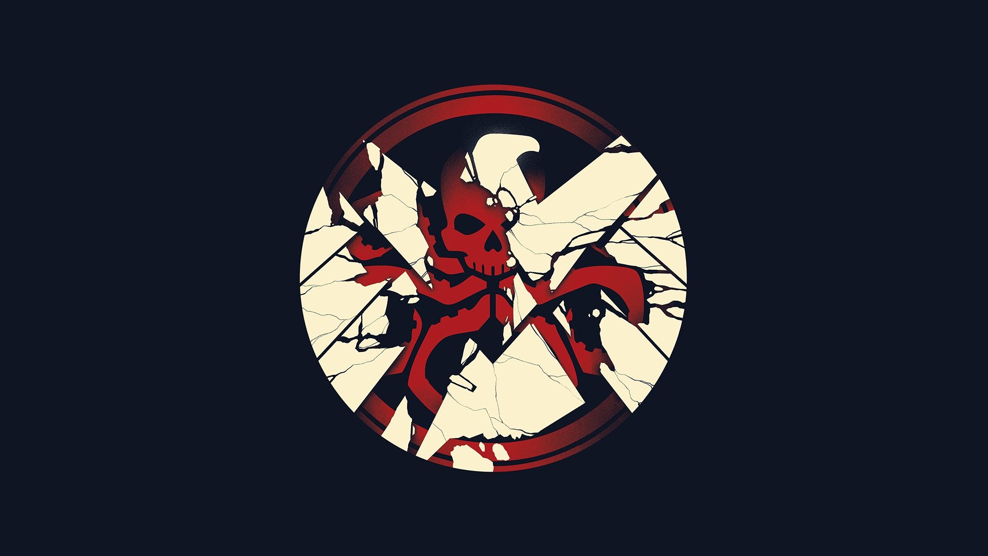 HD desktop wallpaper featuring a cracked and distressed Hydra skull emblem from the TV show Agents of S.H.I.E.L.D. on a dark background.