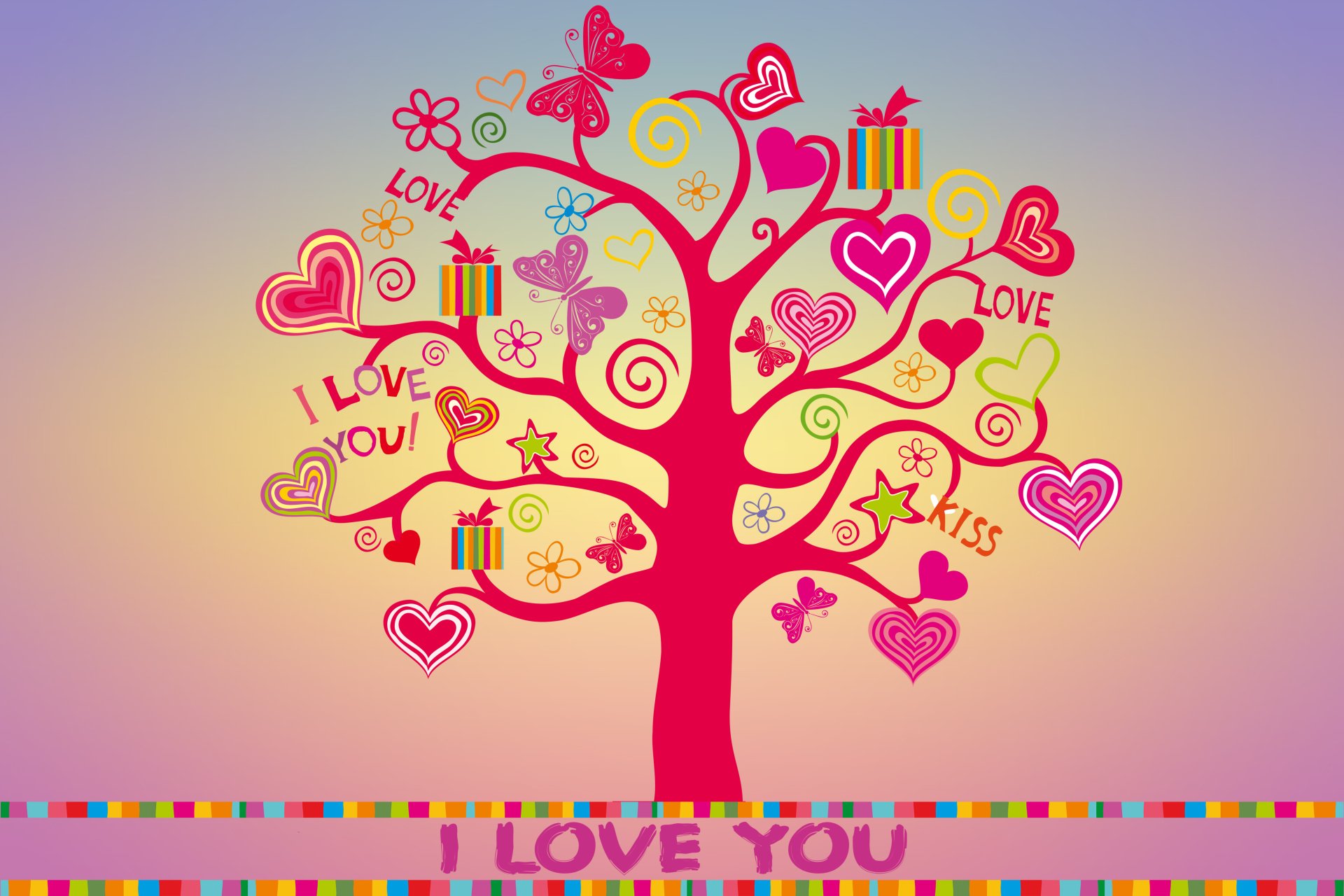 Artistic desktop wallpaper featuring a vibrant tree adorned with hearts, butterflies, and love-related words. The bottom features a colorful stripe and the phrase I LOVE YOU against a gradient background.