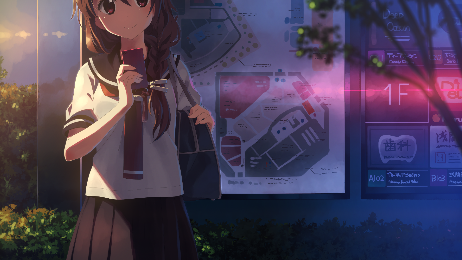 A serene anime scene featuring a girl in a school uniform, looking at a map. This captivating 4K Ultra HD image serves as an impressive desktop wallpaper or background.