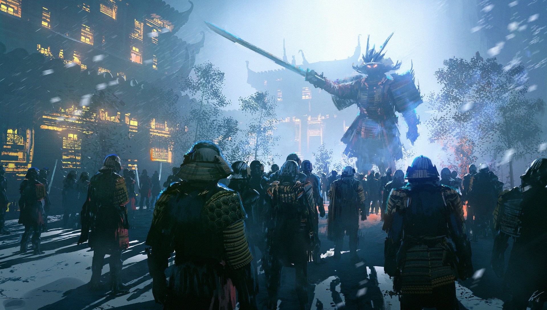 A fantasy warrior clad in armor wields a katana, surrounded by an army of samurai against a dramatic backdrop of illuminated buildings and misty atmosphere.