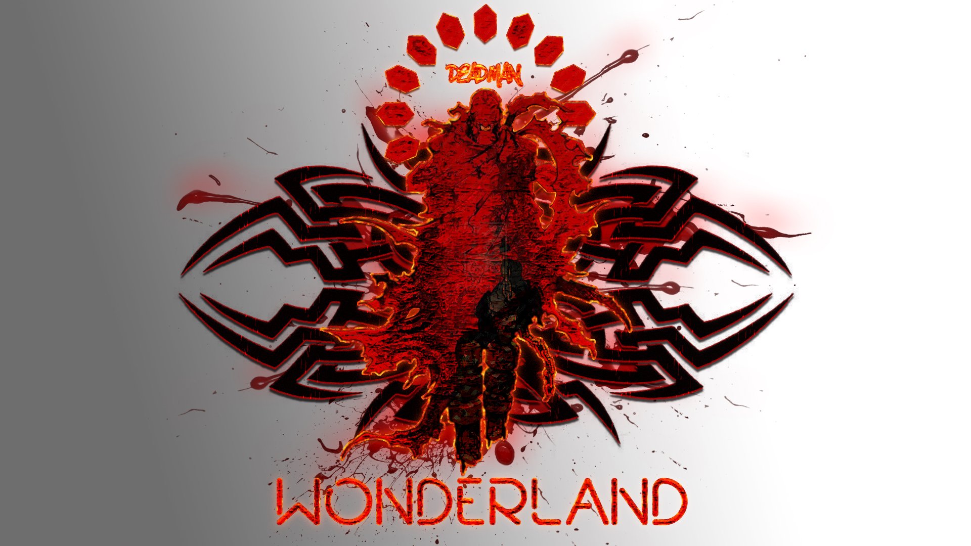 HD PC desktop wallpaper featuring a stylized, blood-red design of an Anime character from Deadman Wonderland with bold tribal patterns and the series title.