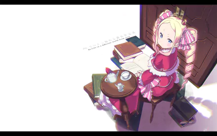 A vibrant HD desktop wallpaper featuring Beatrice from Re:ZERO - Starting Life in Another World, sitting at a table surrounded by books and tea, exuding a charming and whimsical atmosphere.