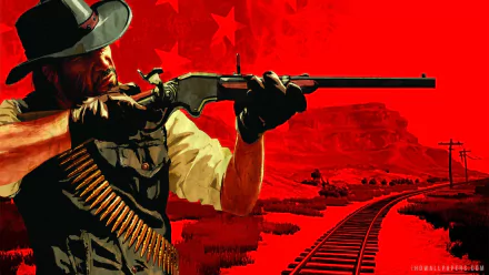 HD PC desktop wallpaper featuring a character from the video game Red Dead Redemption aiming a rifle against a bold red Western landscape background.