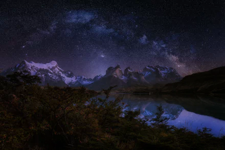 HD PC wallpaper: Milky Way arches over jagged mountains under a starry night, reflected in a calm lake with shrubs and a lone tree in the foreground.