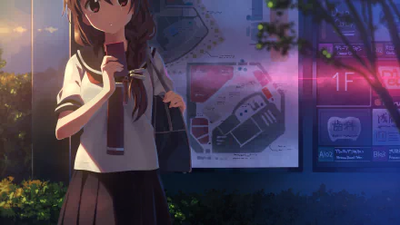 A serene anime scene featuring a girl in a school uniform, looking at a map. This captivating 4K Ultra HD image serves as an impressive desktop wallpaper or background.