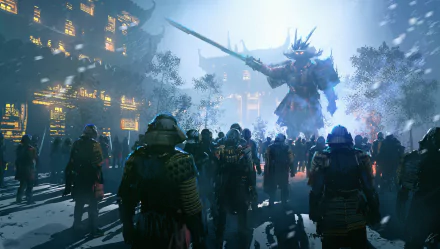 A fantasy warrior clad in armor wields a katana, surrounded by an army of samurai against a dramatic backdrop of illuminated buildings and misty atmosphere.