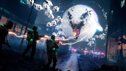 HD desktop wallpaper of a city at night featuring ghostly figures being battled by characters reminiscent of the movie Ghostbusters. The eerie scene is filled with spectral light and energy.