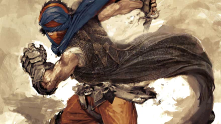 High-definition wallpaper featuring the protagonist from Prince of Persia, poised with a dagger and dynamic motion, surrounded by a swirling, artistic backdrop.
