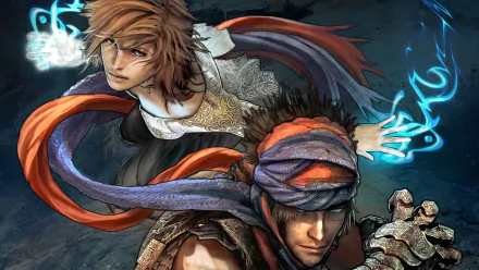 An HD desktop wallpaper featuring characters from the video game Prince of Persia, showcasing their dynamic poses and ethereal powers against a dark background.