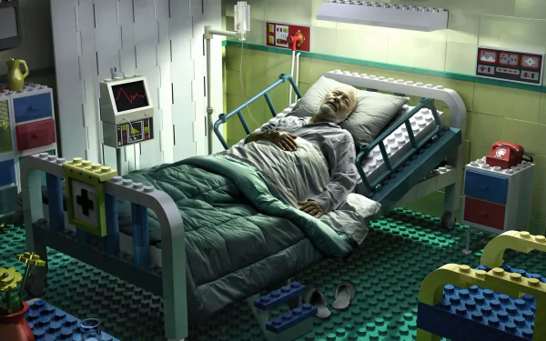 A dimly lit Lego hospital scene depicting a figure in a hospital bed, surrounded by medical equipment, conveying themes of darkness and mortality. An evocative HD desktop wallpaper.