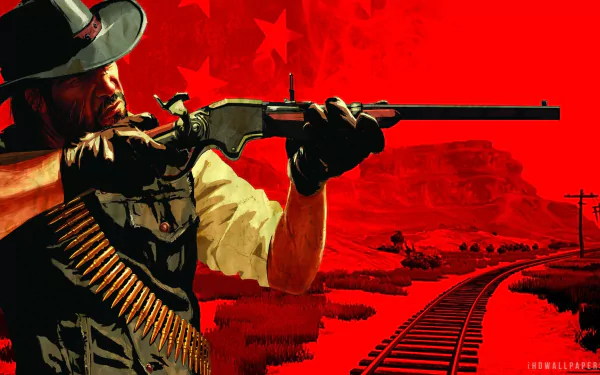 HD PC desktop wallpaper featuring a character from the video game Red Dead Redemption aiming a rifle against a bold red Western landscape background.