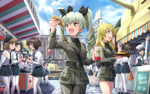 A vibrant scene from Girls und Panzer, featuring characters Pepperoni, Carpaccio, Anchovy, and Yukari Akiyama in military uniforms enjoying food at a lively market.
