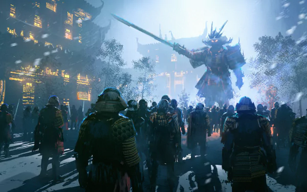A fantasy warrior clad in armor wields a katana, surrounded by an army of samurai against a dramatic backdrop of illuminated buildings and misty atmosphere.