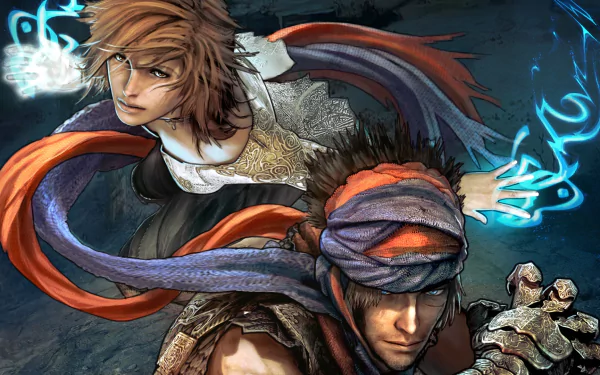 An HD desktop wallpaper featuring characters from the video game Prince of Persia, showcasing their dynamic poses and ethereal powers against a dark background.