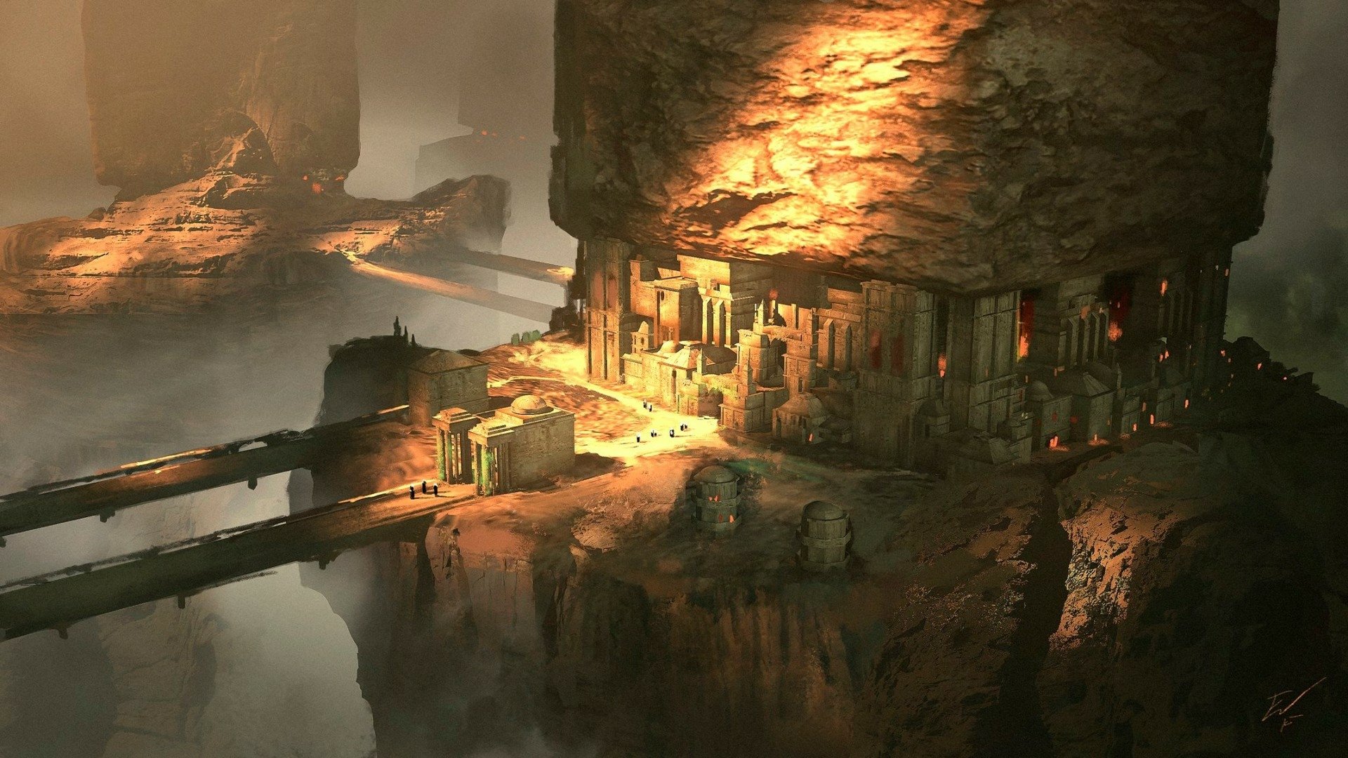 HD PC desktop wallpaper showing a fantasy desert city built into rocky cliffs, illuminated by warm golden light with intricate structures and bridges.