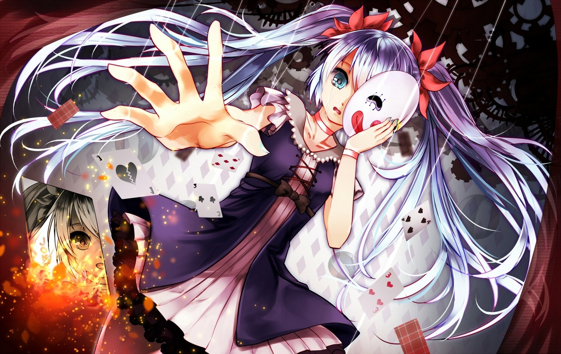 A vibrant HD wallpaper featuring a character with purple twintails and aqua eyes, wearing a mask and expressing tears, set against an intricately detailed anime background.