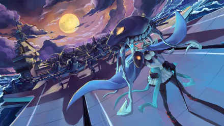 HD anime wallpaper featuring Standard Carrier Wo-Class from Kantai Collection under a dramatic full moon sky with a cityscape in the background.