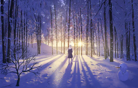 Anime winter scene depicting a serene snowy forest at sunset, with a lone figure walking and a snowman nearby. This HD wallpaper and background captures the tranquil beauty of a snow-covered landscape.