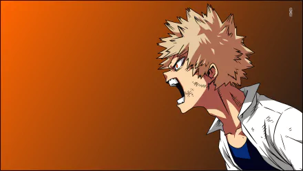 HD wallpaper of Katsuki Bakugou from My Hero Academia, showing him shouting with a serious expression against a gradient orange background.