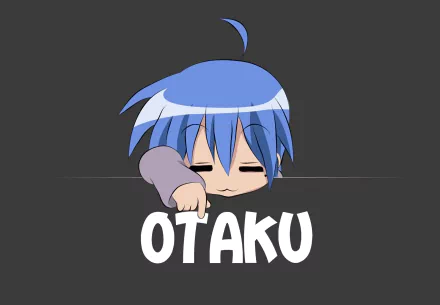 A vibrant HD wallpaper featuring Konata Izumi from the anime Lucky Star, playfully pointing at the word OTAKU, showcasing her playful and laid-back personality.
