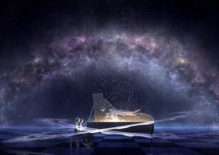 A serene HD wallpaper featuring Kaworu Nagisa and Shinji Ikari from Neon Genesis Evangelion, set against a stunning cosmic backdrop with a grand piano.