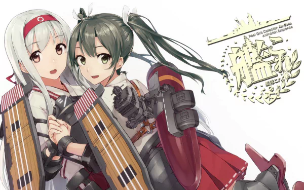 Anime characters Zuikaku and Shoukaku from Kantai Collection are depicted in this HD desktop wallpaper, showcasing their vibrant designs and playful interaction.