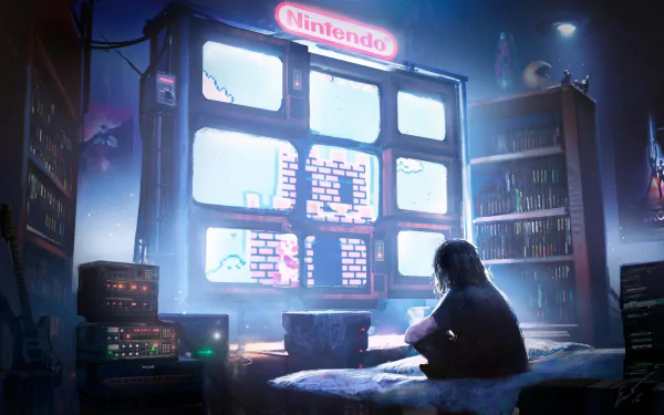 A retro-inspired HD wallpaper featuring a gamer playing on a vintage Nintendo console, surrounded by nostalgic gaming equipment and a softly lit atmosphere.
