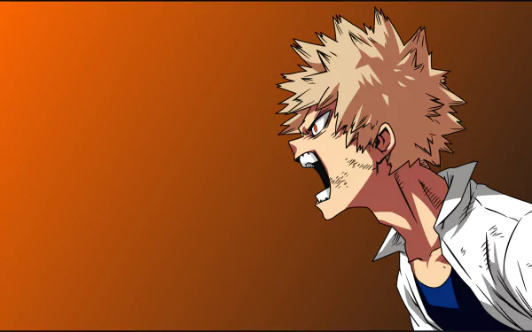 HD wallpaper of Katsuki Bakugou from My Hero Academia, showing him shouting with a serious expression against a gradient orange background.