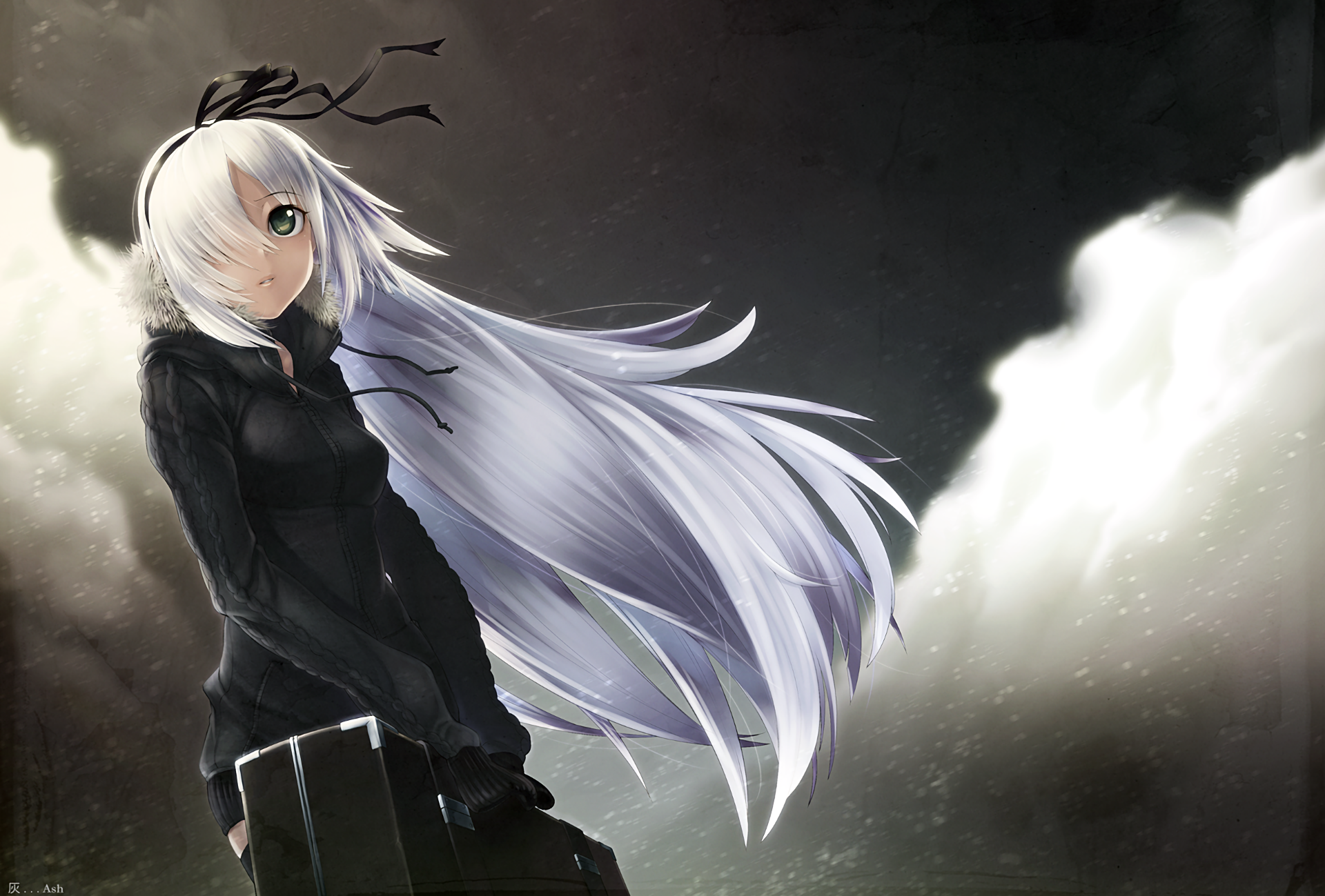 A stunning HD anime wallpaper featuring an original character with long white hair, wearing a dark outfit and standing against a dramatic cloudy background.