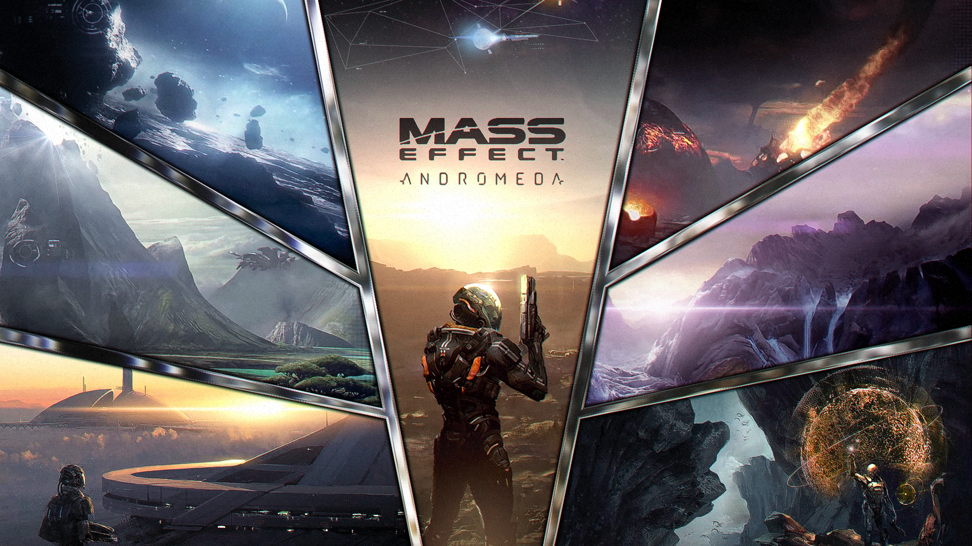 A dynamic HD desktop wallpaper featuring scenes from the video game Mass Effect: Andromeda, showcasing alien landscapes and the central character preparing for an adventure.
