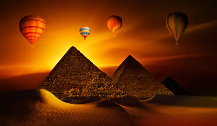 HD PC desktop wallpaper: golden sunset over desert sand and pyramids, hot air balloons drift across the sky and a lone vehicle rests by the dunes.