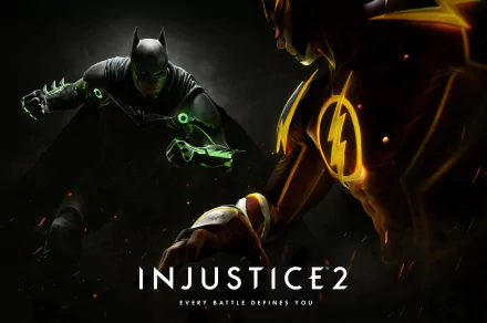 HD wallpaper featuring Flash and Batman from the video game Injustice 2, showcasing their intense battle with dramatic lighting and bold graphics.