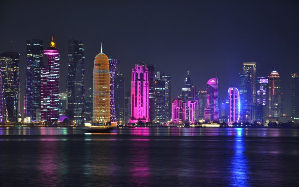 Hecho por el hombre Doha Ciudades Qatar Ciudad Noche Edificio Luz Rascacielos Fondo de pantalla HD | Fondo de Escritorio