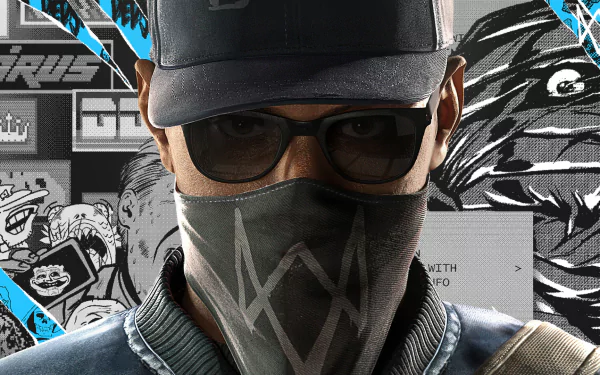 HD desktop wallpaper and background featuring a character from the video game Watch Dogs 2. The character is wearing a cap, glasses, and a mask with a graffiti-style background.