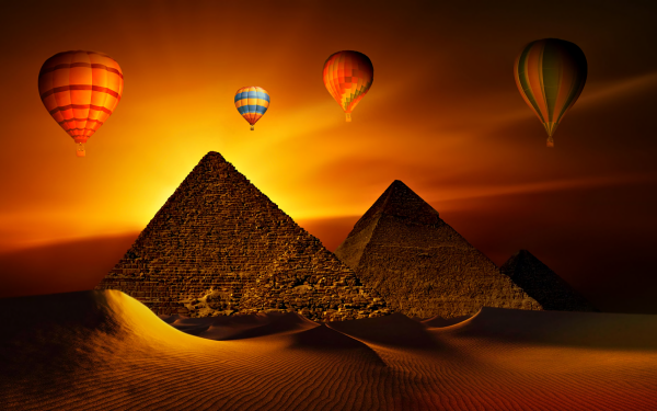 Vehicles Hot Air Balloon Pyramid Sunset Sky Sand HD Wallpaper | Background Image