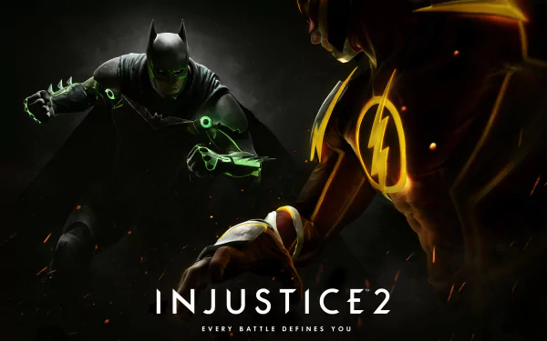 HD wallpaper featuring Flash and Batman from the video game Injustice 2, showcasing their intense battle with dramatic lighting and bold graphics.