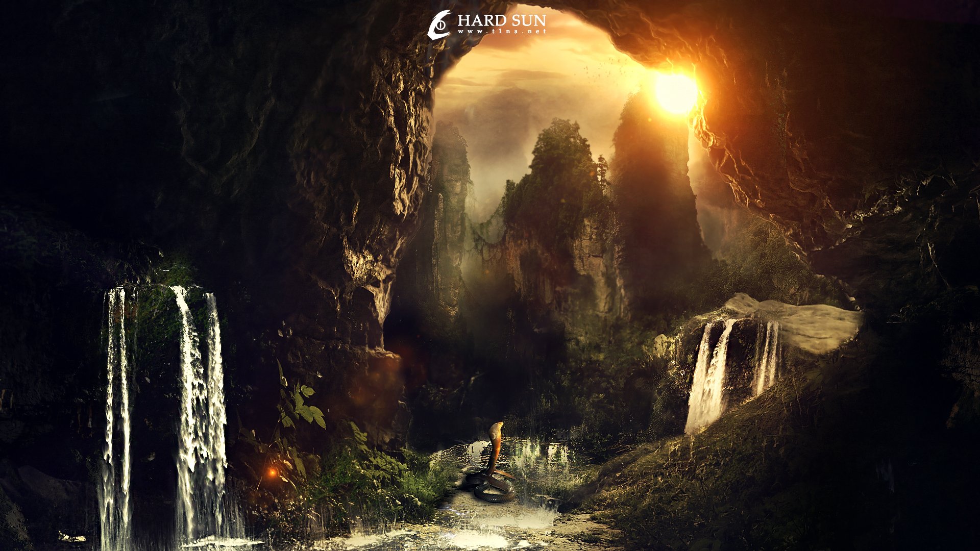HD fantasy landscape wallpaper showing a glowing cave entrance with cascading waterfalls and a large snake coiled near a sunlit, mystical forest beyond.